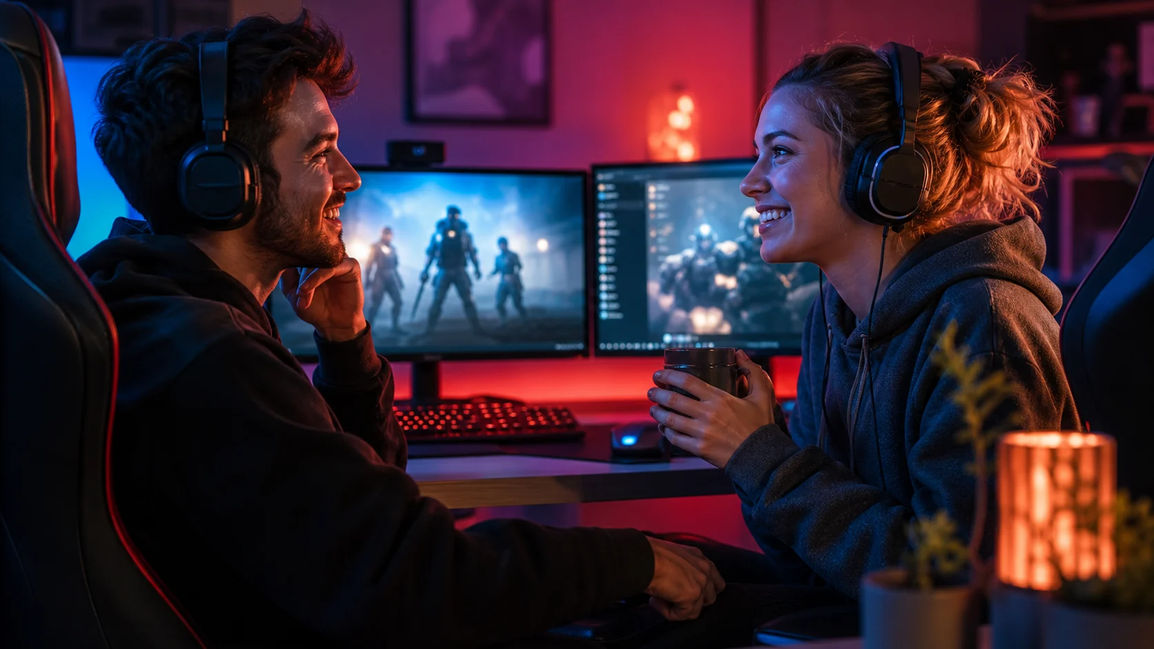 Deux gamers échangent après une partie coopérative en ligne