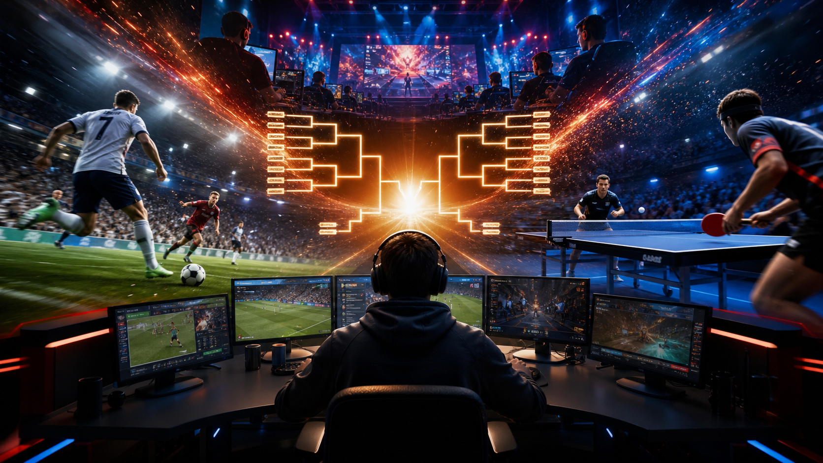 Univers football, ping-pong et esport convergeant vers un bracket central